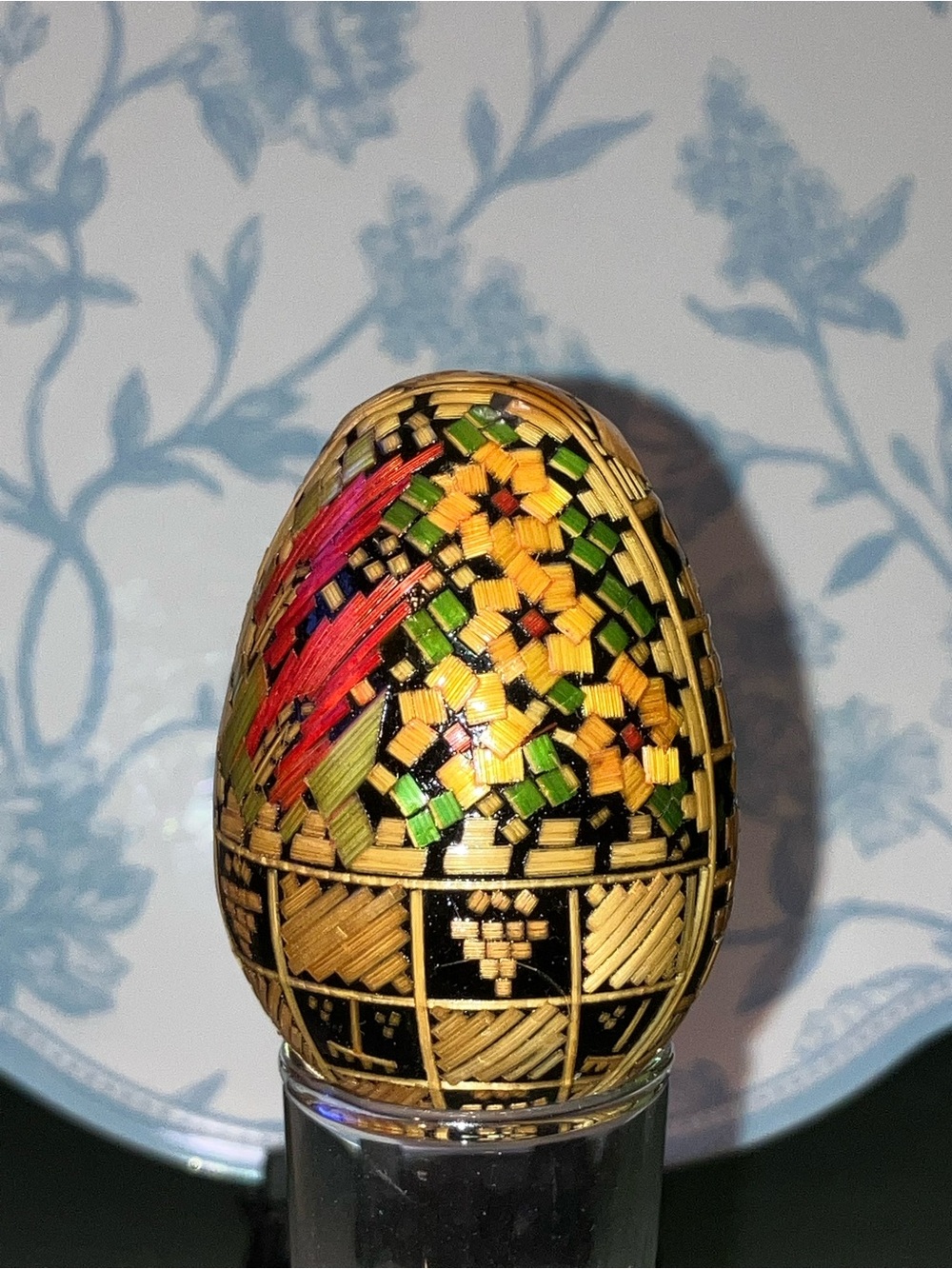 Handcrafted Straw Marquetry Decorative Egg with Christian Church & Cross Motif